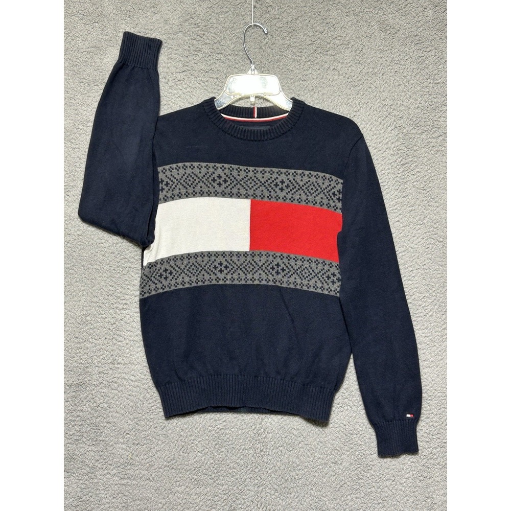 Tommy Hilfiger Womens XS Sweater Aztec Crewneck Geometric Navy Red White